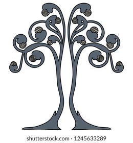 Isolated vector illustration. Abstract floral decor with two stylized trees or branches with fruits. Based on medieval motif.