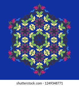 Isolated vector illustration. Abstract floral decor. Ornate six point star or mandala with vintage motifs. Used such fashionable colors Jester Red, Pressed Rose, Sweet Corn