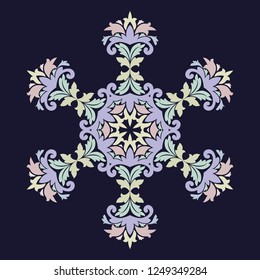 Isolated vector illustration. Abstract floral decor. Ornate six point star or mandala with vintage motifs. Used such fashionable colors Jester Red, Pressed Rose, Sweet Corn