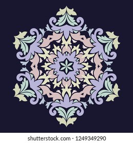 Isolated vector illustration. Abstract floral decor. Ornate six point star or mandala with vintage motifs. Used such fashionable colors Jester Red, Pressed Rose, Sweet Corn