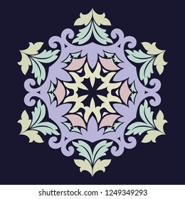 Isolated vector illustration. Abstract floral decor. Ornate six point star or mandala with vintage motifs. Used such fashionable colors Jester Red, Pressed Rose, Sweet Corn