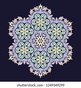 Isolated vector illustration. Abstract floral decor. Ornate six point star or mandala with vintage motifs. Used such fashionable colors Jester Red, Pressed Rose, Sweet Corn