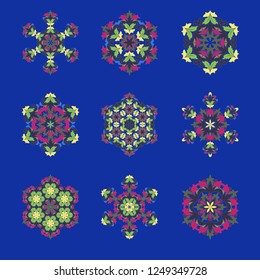 Isolated vector illustration. Abstract floral decor. Ornate six point star or mandala with vintage motifs. Used such fashionable colors Jester Red, Pressed Rose, Sweet Corn