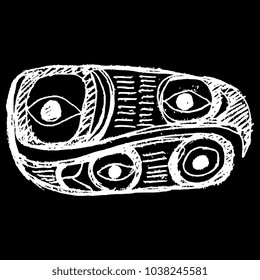 Isolated vector illustration. Abstract geometrical ethnic motif of Tlingit Indians. Stylized head of a raven. White silhouette on black background. Hand drawn linear ink sketch.