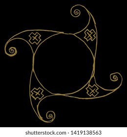 Isolated vector illustration. Abstract geometrical decor or mandala with spiral elements. Native American Mimbres motif. Hand drawn linear sketch. Golden silhouette on black background.