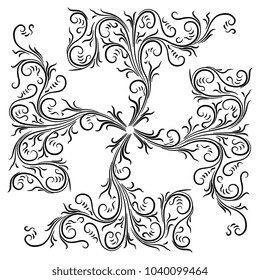 Isolated vector illustration. Abstract ornate linear decor based on medieval motif. Cross made of four floral elements. Black silhouette on white background.