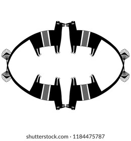 Isolated vector illustration. Abstract oval decor with stylized funny animals with long tails. Ancient Native American Mogollon Mimbres culture motif. Black silhouette on white background.