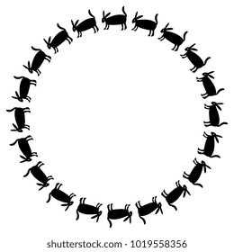 Isolated vector illustration. Abstract round frame made of black silhouettes of stylized hare or rabbit. Based on Mexican folk art. Otomi Tenango embroidery style.