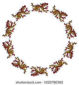 Isolated vector illustration. Abstract round frame with mages of fantastic Mexican monsters. Based on ancient Aztec art.