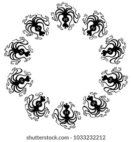 Isolated vector illustration. Abstract round frame made of silhouettes of stylized octopuses.
