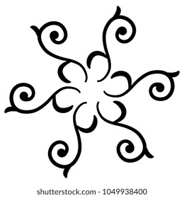 Isolated vector illustration. Abstract round floral decor made of six spiral scrolls. Black silhouette on white background.