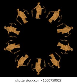 Isolated vector illustration. Abstract round decor, texture or frame with silhouettes of ancient Greek woman holding two flowers.