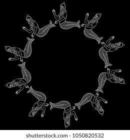 Isolated vector illustration. Abstract round decor or frame with fantastic mythological creatures. Ancient Mesopotamian sea fish god Dagon or Oannes. White silhouette on black background.