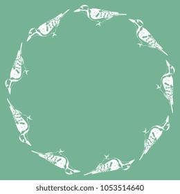 Isolated vector illustration. Abstract round frame with silhouettes of woodpeckers. Based on hand drawn sketch.