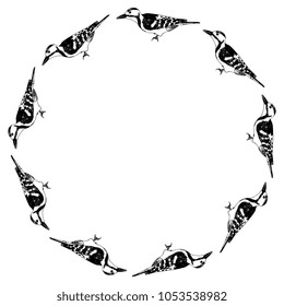 Isolated vector illustration. Abstract round frame with silhouettes of woodpeckers. Based on hand drawn doodle sketch. Black silhouette on white background.