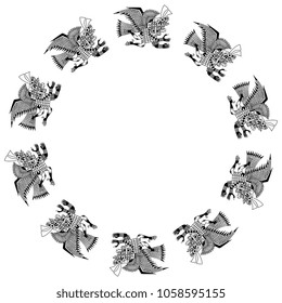 Isolated vector illustration. Abstract round frame with fantastic anthropomorphic monster bird. Ethnic style. Based on folk art of ancient Peru. Mochica culture of Peruvian Indians.