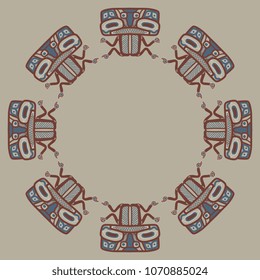 Isolated vector illustration. Abstract round frame, decor or background with six ethnic silhouettes of stylized totem bear. Based on folk tribal art by North American Tlingit Indians.