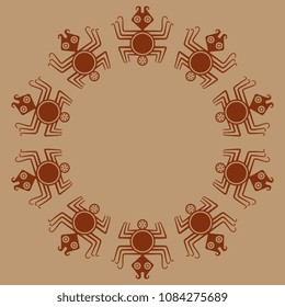 Isolated vector illustration. Abstract round frame, border, decor with silhouettes of stylized spiders. Ethnic style. Based on ancient motif of Peruvian Mochica Indians. 