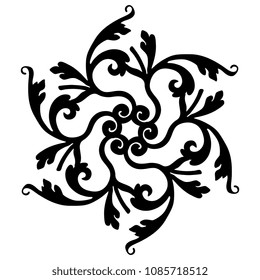 Isolated vector illustration. Abstract round mandala with floral motifs. Black silhouette on white background.
