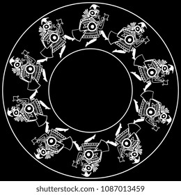 Isolated vector illustration. Abstract round decor, texture, frame with running Peruvian Mochica warriors. Based on folk art of Moche Indians of ancient Peru. White silhouette on black background.