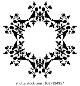 Isolated vector illustration. Abstract round flame or decor with floral folk motifs and birds. Based on medieval Russian art. Black silhouette on white background.