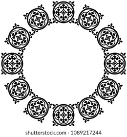 Isolated vector illustration. Abstract round frame with ornate floral mandalas. Based on medieval Romanesque or Gothic motif. Black silhouette on white background.