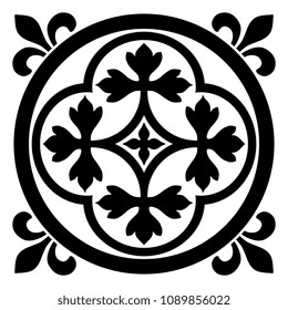 Isolated vector illustration. Abstract round floral decorative mandala. Classical vintage style. Based on medieval Romanesque or Gothic motif. Black silhouette on white background.