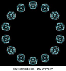 Isolated vector illustration. Abstract round decor, frame, texture with ornate round mandalas. Ethnic style. Based on folk art of Native American Zuni Pueblo Indians.