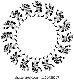 Isolated vector illustration. Abstract round frame with black and white linear silhouettes of ancient Peruvian Mochica warriors. Based on ethnic motif of Moche Indians.