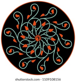 Isolated vector illustration. Abstract round mandala with medieval floral  motifs in a circle. On black background.