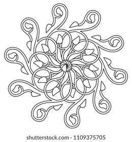 Isolated vector illustration. Abstract round mandala with medieval floral  motifs. Black and white linear silhouette.