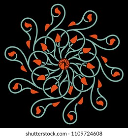 Isolated vector illustration. Abstract round mandala with medieval floral  motifs. On black background.