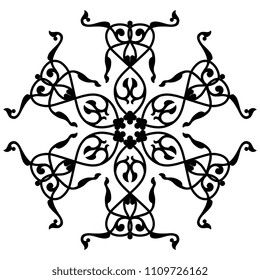 Isolated vector illustration. Abstract round decorative star or mandala based on medieval floral Gothic motif. Black silhouette on white background.