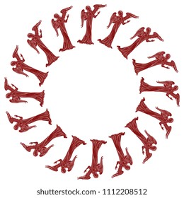 Isolated vector illustration. Abstract round decor or frame with silhouettes of medieval Gothic angels.