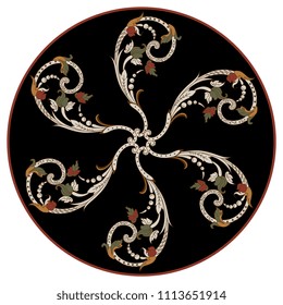Isolated vector illustration. Abstract round decor or mandala made of six vintage ornate floral scrolls in a circle. On black background.