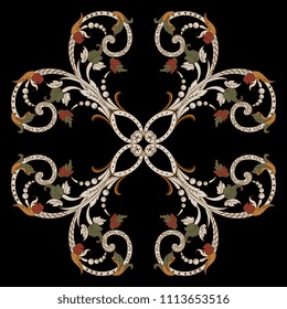 Isolated vector illustration. Abstract round decor or mandala with vintage ornate floral swirls. On black background. Folk style.