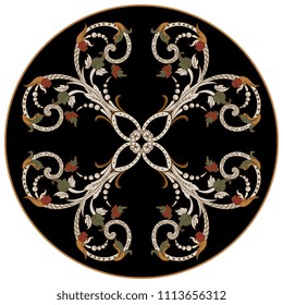 Isolated vector illustration. Abstract round decor or mandala with vintage ornate floral swirls in a circle. 
