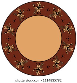 Isolated vector illustration. Abstract round decor, frame or background with silhouettes of fantastic snake man. Based on ancient art of Peruvian Mochica Indians. 
