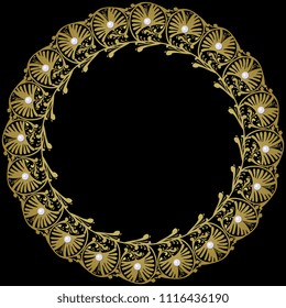 Isolated vector illustration. Abstract round decor with antique palmette motifs. Gold filigree and pearls.