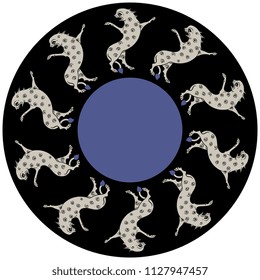 Isolated vector illustration. Abstract round decor, frame or texture with fantastic feline beasts. Based on medieval motif.