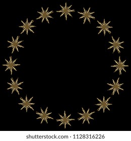 Isolated vector illustration. Abstract round decor or frame made of decorative stars with angular rays. Gold on black background.