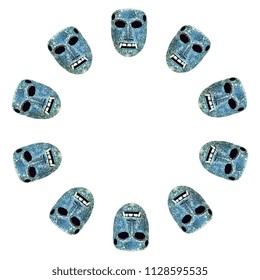 Isolated vector illustration. Abstract round decor or frame with ancient Mixtec turquoise masks. Pre-Columbian art of Mexican Indians.