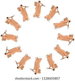 Isolated vector illustration. Abstract round frame or decor with silhouettes of ancient Greek woman playing the double flute. 