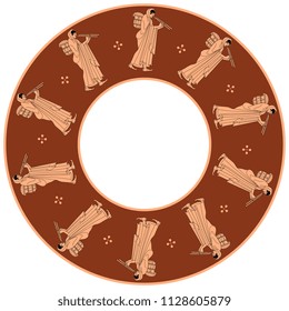 Isolated vector illustration. Abstract round frame, decor or texture with silhouettes of ancient Greek woman playing the double flute. 