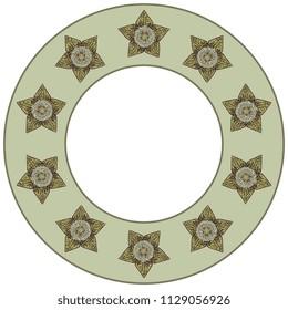 Isolated vector illustration. Abstract round decor, frame, border or texture with flowers of stapelia or orbea variegata succulent. Cartoon style.
