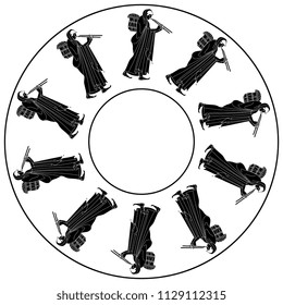 Isolated vector illustration. Abstract round decor or frame with silhouettes of ancient Greek woman playing the double flute. Black silhouette on white background.