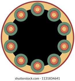 Isolated vector illustration. Abstract round decor, frame or texture with images of stylized anthropomorphic sun. Based on ancient Russian folk motif.