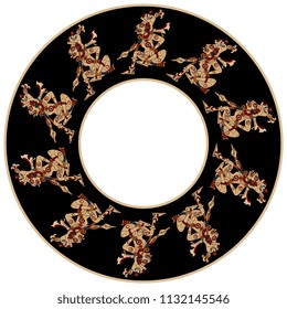 Isolated vector illustration. Abstract round decor, frame or texture with silhouettes of Mayan goddess. Based on ancient ethnic motif of Mexican Maya Indians.