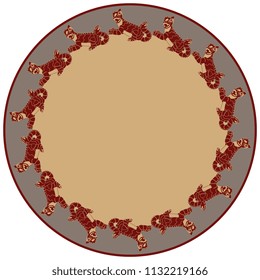 Isolated vector illustration. Abstract round decor, frame or texture with silhouettes of stylized cats with serpent tails. Based on ancient ethnic motif of Peruvian Mochica Indians.