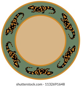 Isolated vector illustration. Abstract round decor, frame or texture with silhouettes of fire salamander.  (Salamandra salamandra). Cartoon style.
